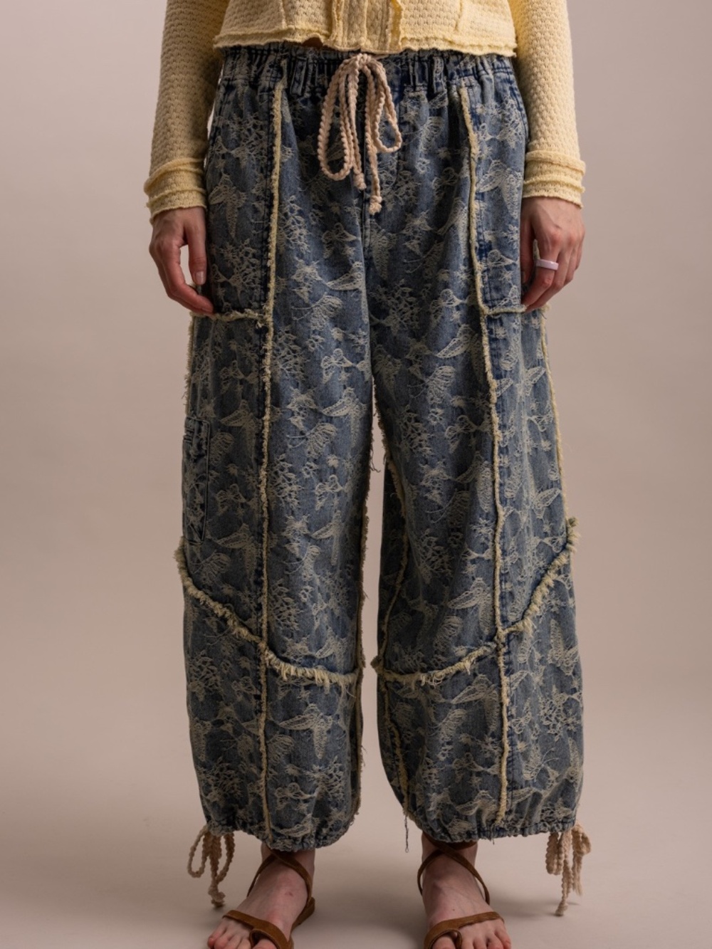 Bluevelvet Dark Wash Butterfly Pattern Multi wear Wide leg Denim Pants - Picture 5 of 7